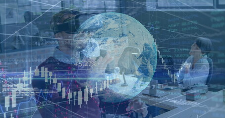 Using VR headset and joystick, woman wearing sweater at office showing holographic globe and charts