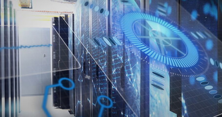 Glowing server racks projecting holographic network graphics at data center, with blue LED panels