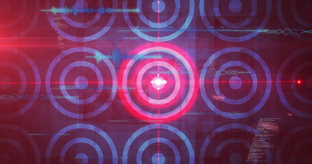 Rendering red target circle crosshair in HUD showing blue dots data overlays and flares