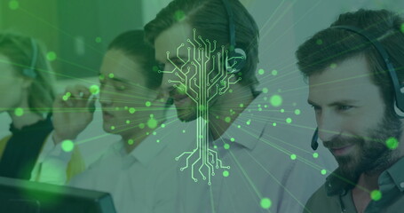 Sitting four agents typing at call center desks with headsets and monitors, circuit-tree overlay