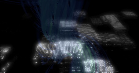 Floating illuminated panels displaying binary digits in virtual space, with glowing data streams