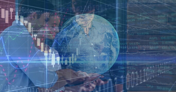 Four business professionals analyzing smartphone data in office, with globe graphic overlay