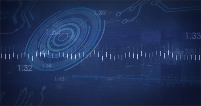 Rotating circular interface graphic over dashboard, with waveform and numeric labels, copy space