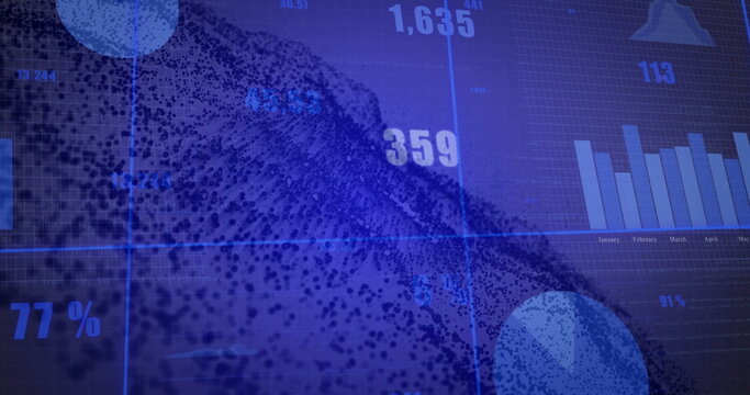 Displaying 3D particle wave flowing across blue grid dashboard with bar chart and bell icon