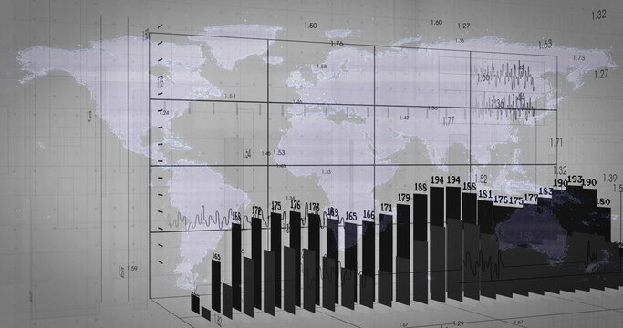Displaying bar chart rising on 3D grid screen, showing world map overlay, trend line, markers