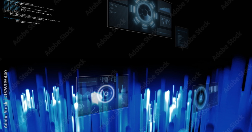 Poster displaying glowing blue data bars and floating ui panels in virtual data landscape, visualization
