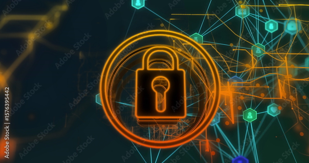 Poster pulsing orange padlock rotating inside rings in digital network, with hexagonal user icons