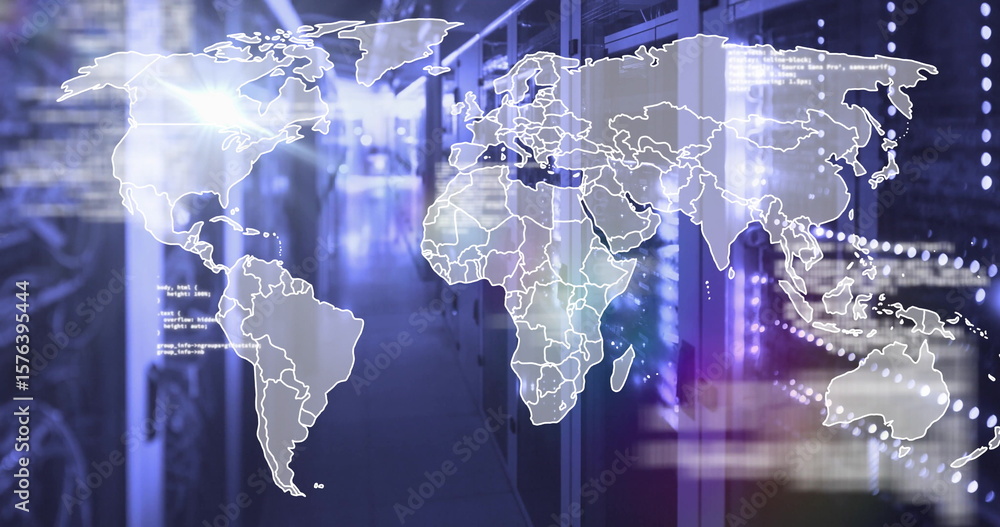 Poster projecting digital overlay across server rack corridor in data center, with led lights and code