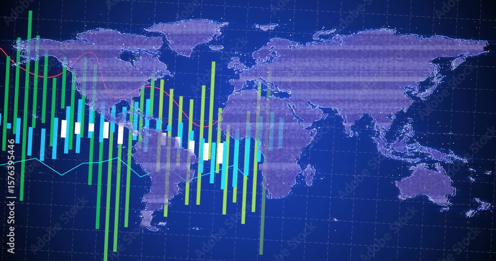 Poster presenting dashboard tracking world map over blue grid on screen, with candlesticks and line graphs