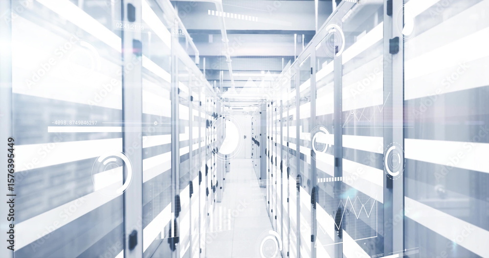 Poster illuminating central corridor aisle featuring led server racks in data center, with data overlays