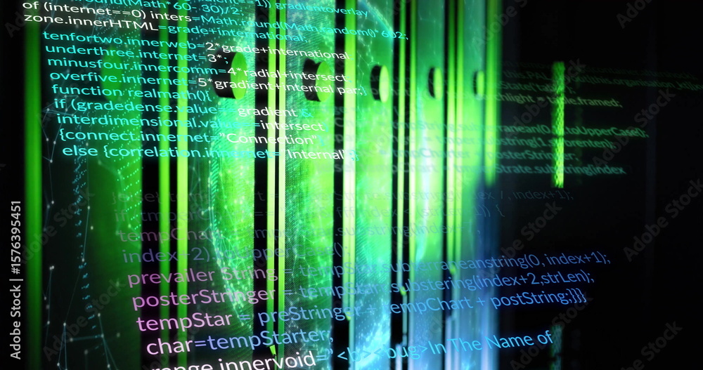 Poster Displaying digital code lines with green light bars and grid data points on visualization panel