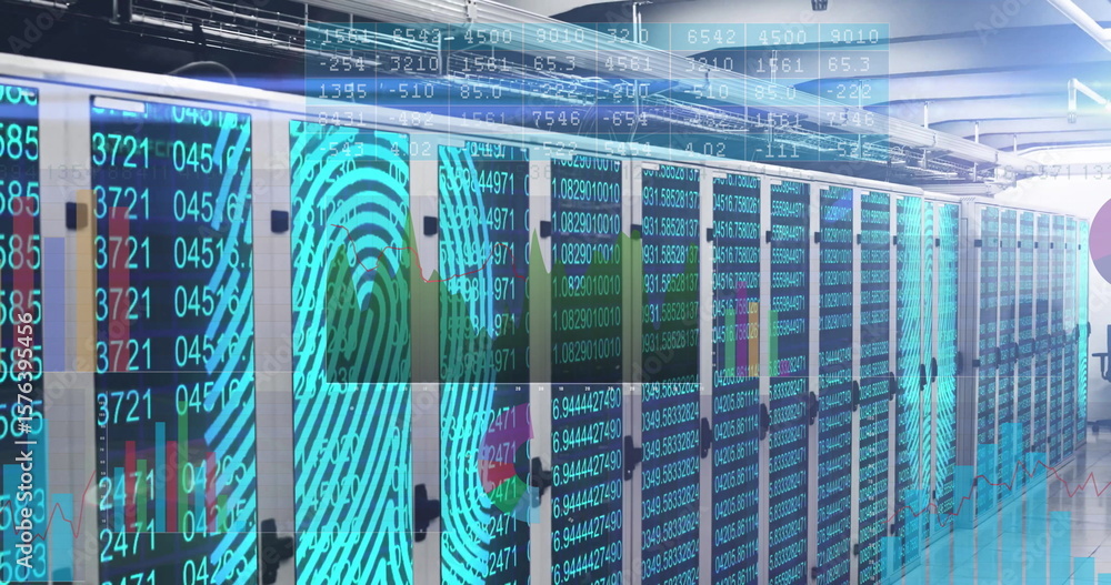 Poster streaming data overlays on server racks in data center, with cables, blinking leds and fingerprints