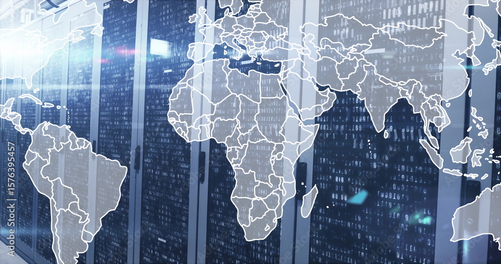 Poster server cabinets glowing with led lights in data center, with binary streams and world map overlay
