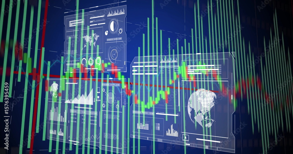 Poster financial dashboard showing panels with candlestick bars, line graph and world map in trading ui