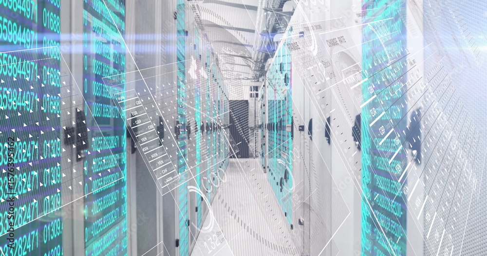 Poster displaying central server racks projecting holographic data overlays in data center corridor