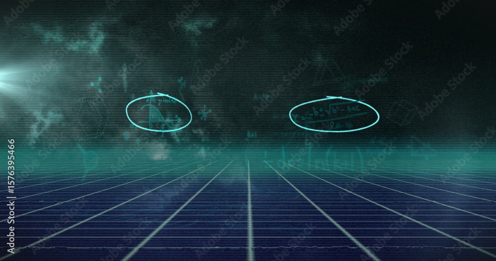 Poster glowing teal grid floor receding in virtual simulation space, showing holographic math equations