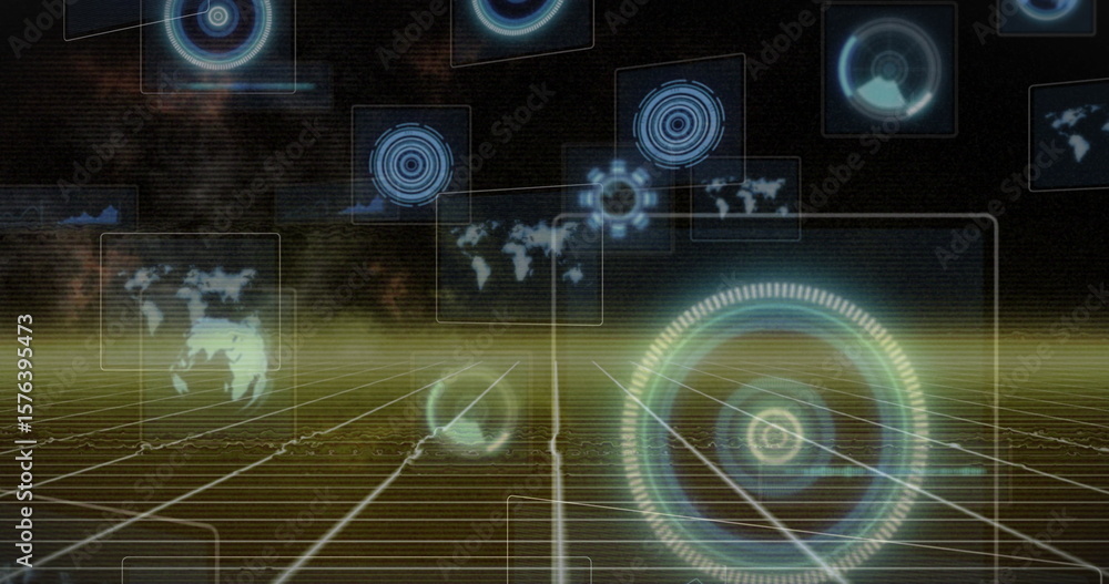 Poster displaying hud hovering over grid in simulation, with charts and holographic panels, copy space
