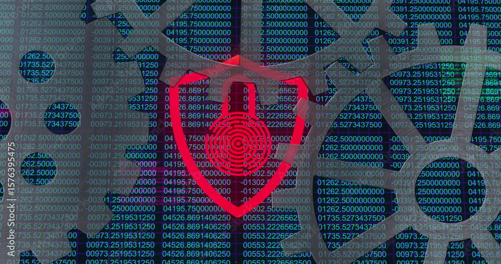 Poster Displaying red shield icon with padlock fingerprint protecting code streams on digital interface