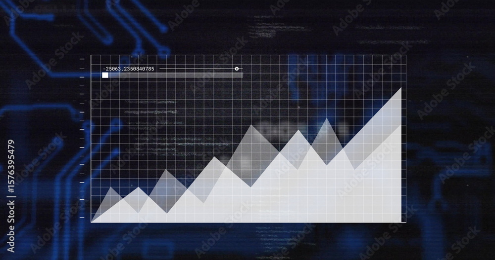 Poster displaying translucent white polygonal chart rising over grid display, with highlighted data label