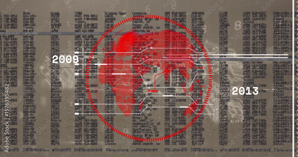 Aufkleber displaying red world map in segmented red circle frame on infographic, with trade links 2009-2013