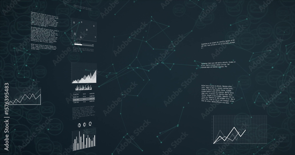 Poster displaying teal-colored network forming constellation on digital screen with data panels and charts