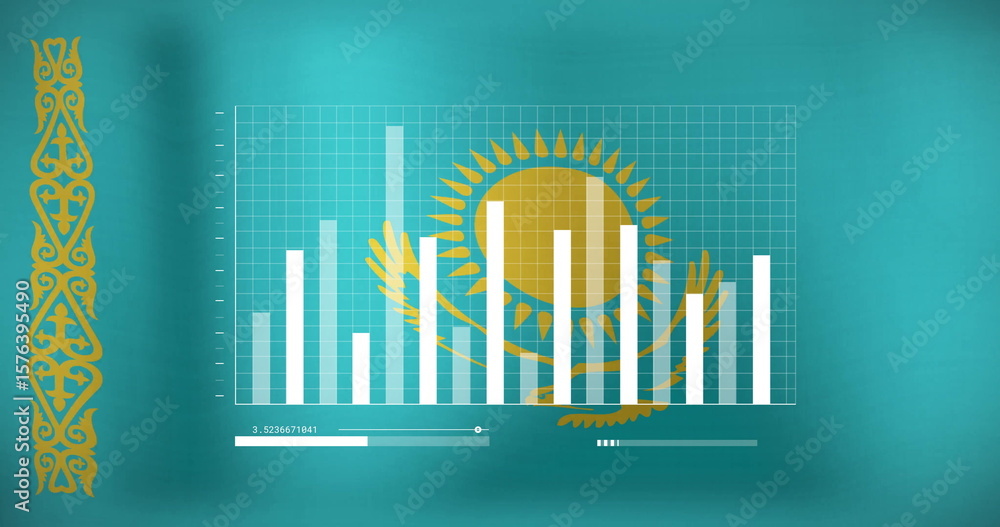 Aufkleber displaying flag emblem with progress bar and bar chart on digital teal-blue field with gold stripe