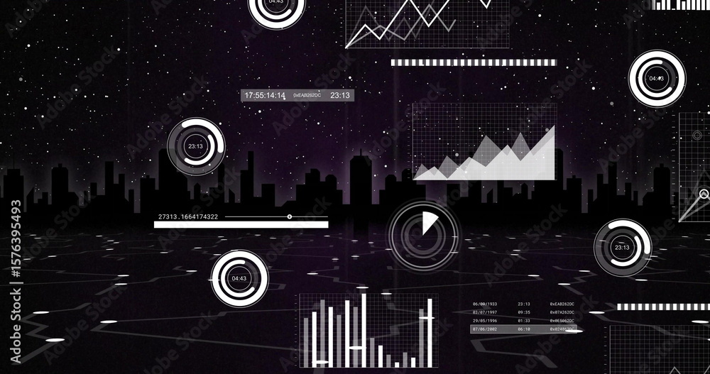 Poster floating hud projecting over city skyline circuit-grid at night with round dials and line graphs
