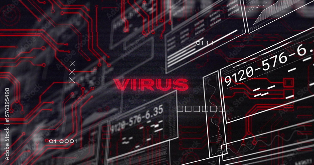 Fototapete pulsing red virus text dominating digital interface, with red circuit tracings and data panels