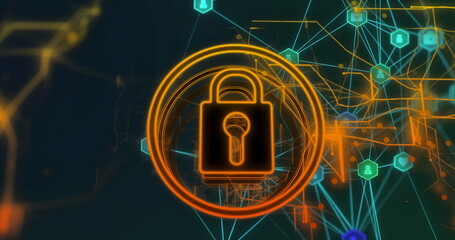 Pulsing orange padlock rotating inside rings in digital network, with hexagonal user icons