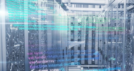 Displaying central server racks with network cables and blinking LEDs in data center, code overlay