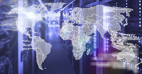 Projecting digital overlay across server rack corridor in data center, with LED lights and code