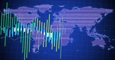 Presenting dashboard tracking world map over blue grid on screen, with candlesticks and line graphs