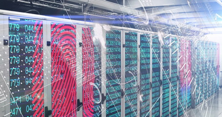 Displaying server cabinets lining data center aisle, with LED lights and fingerprint code overlays