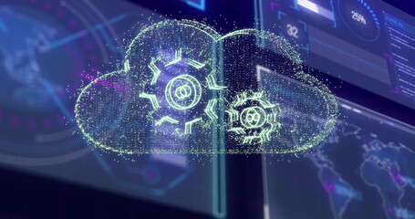 Displaying holographic cloud icon floating in virtual data interface, with glowing gears and panels