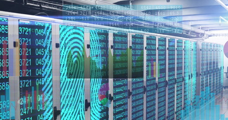 Streaming data overlays on server racks in data center, with cables, blinking LEDs and fingerprints
