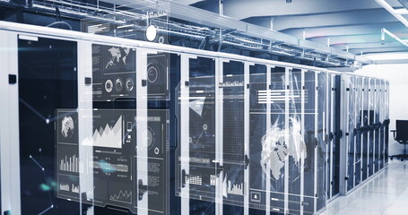 Displaying server racks lining data center aisle, with holographic overlays and office chair at end