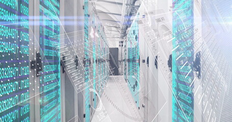 Displaying central server racks projecting holographic data overlays in data center corridor