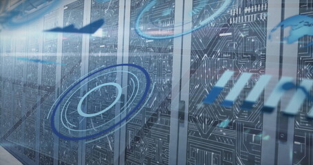 Glowing rack servers revealing circuit board art in data center corridor, with holographic rings