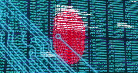 Displaying red fingerprint overlaying interface screen, with green code and teal data streams
