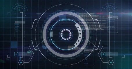 Displaying central circular HUD rotating over sci-fi dashboard grid, with code panels and hex icons