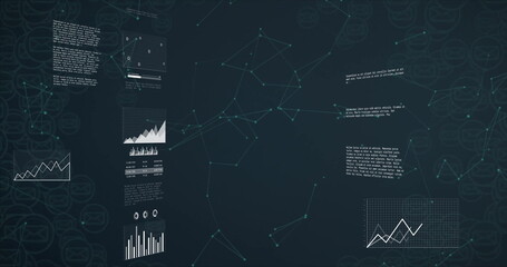 Displaying teal-colored network forming constellation on digital screen with data panels and charts