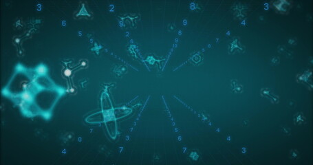 Radiating holographic ring structure emitting digits over grid in cyberspace, with node clusters