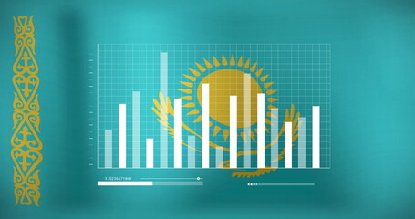 Displaying flag emblem with progress bar and bar chart on digital teal-blue field with gold stripe