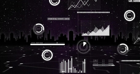 Floating HUD projecting over city skyline circuit-grid at night with round dials and line graphs