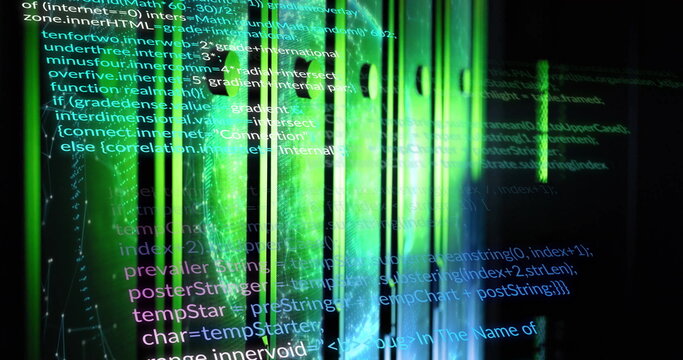 Displaying digital code lines with green light bars and grid data points on visualization panel
