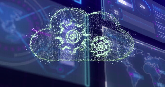 Displaying holographic cloud icon floating in virtual data interface, with glowing gears and panels - Powered by Adobe