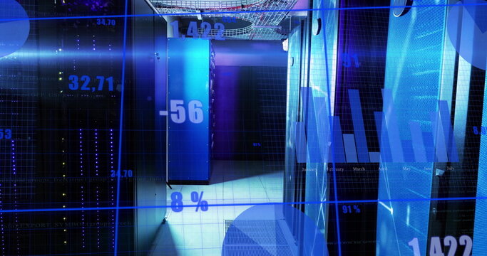Displaying server rack cabinets glowing with blue LEDs in data center room, with digital bar charts
