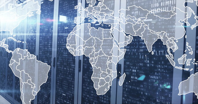 Server cabinets glowing with LED lights in data center, with binary streams and world map overlay