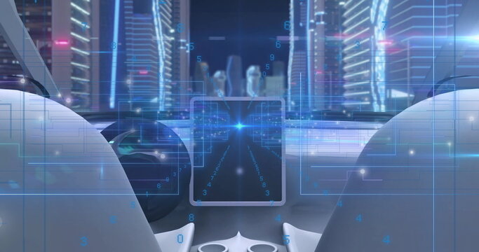 Fototapeta Displaying central holographic interface panel over console inside autonomous car, neon-lit skyline