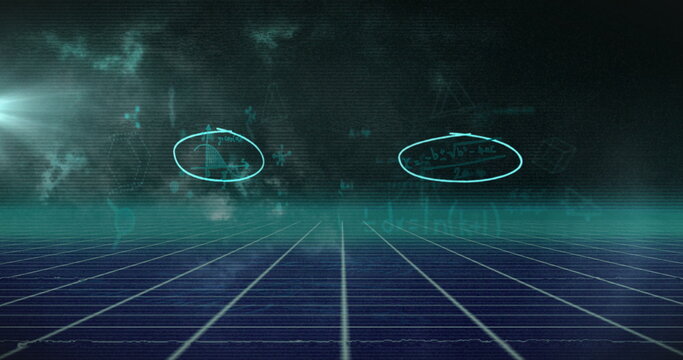 Glowing teal grid floor receding in virtual simulation space, showing holographic math equations